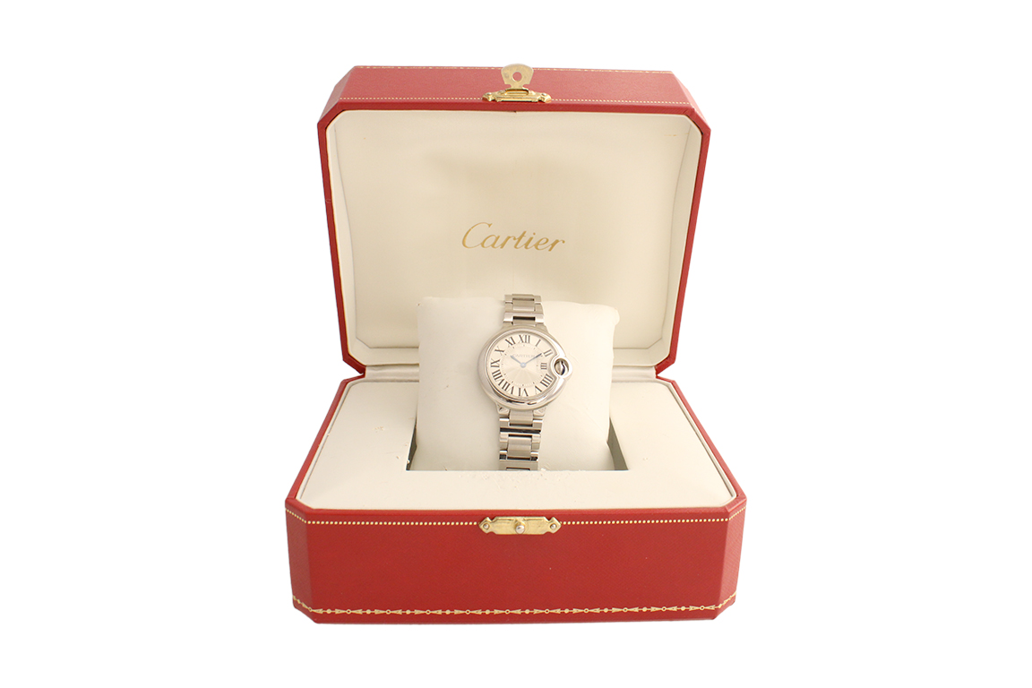 1 OROLOGIO CARTIER BALLON BLEU QUARZO REF. W6920086 CON CASSA (33 MM) E BRACCIALE IN ACCIAIO (CON CINTURINO IN ALLIGATORE E DÉPLOYANTE DI SCORTA), FORNITO DI SCATOLA E FATTURA D'ACQUISTO ORIGINALI (FUNZIONANTE)