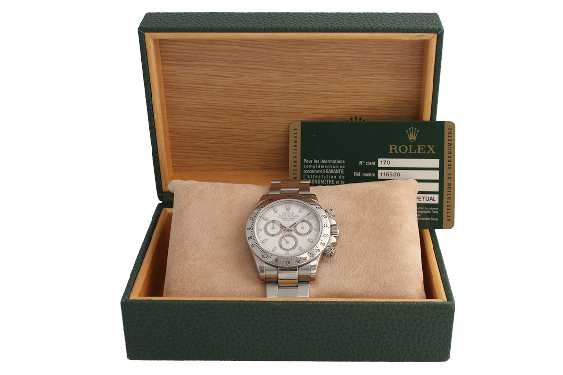 1 OROLOGIO ROLEX OYSTER PERPETUAL COSMOGRAPH DAYTONA REF. 116520, NR. SERIALE: 4834N7XX CON CASSA E BRACCIALE IN ACCIAIO FORNITO DI SCATOLA E GARANZIA ORIGINALI (FUNZIONANTE)