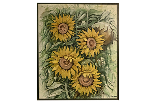 1 DIPINTO SU TELA, TECNICA MISTA, FIRMATO MILANI RAFFIGURANTE “GIRASOLI” CON CORNICE IN LEGNO DIM. 100x120 CM