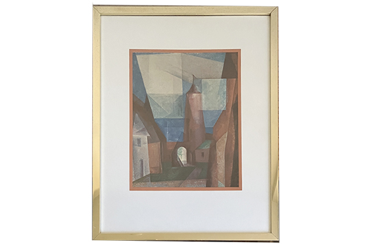 1 STAMPA, TECNICA MISTA, RIPRODUZIONE LYONEL FEININGER, “CHIESA CON TORRE ROSSA” 1928, CON CORNICE E VETRO DI PROTEZIONE DIM. 27,50x34,50 CM