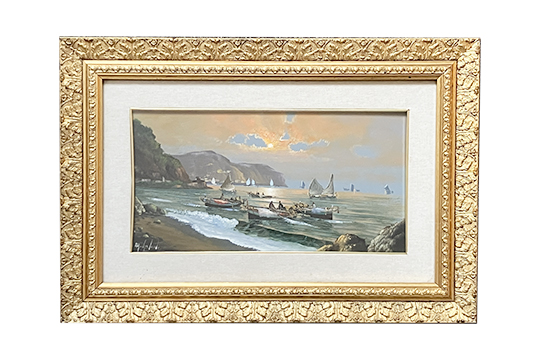 1 DIPINTO OLIO SU TELA FIRMATO MARIO GALANTI RAFFIGURANTE SCENA MARINA CON CORNICE IN LEGNO DORATO E VETRO DI PROTEZIONE DIM. 43x23 CM