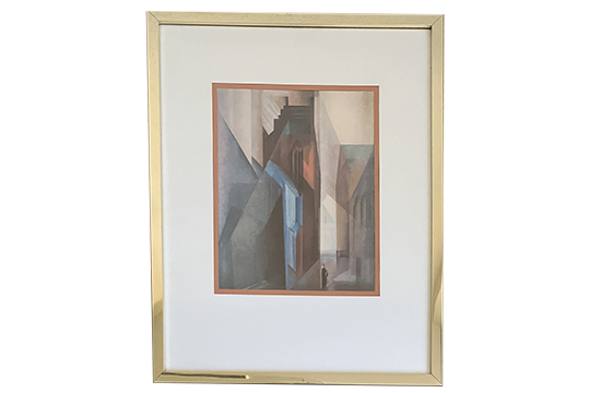 1 STAMPA, TECNICA MISTA, RIPRODUZIONE LYONEL FEININGER, “TORRE CON PORTALE II” 1925, CON CORNICE E VETRO DI PROTEZIONE DIM. 25,50x32 CM