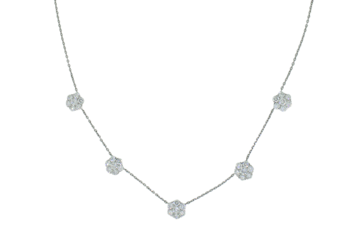 1 COLLIER IN O.B. 18 KR., FIRMATO VAN CLEEF & ARPELS MOD. FLEURETTE CON BRILLANTI PER COMPL. KT. 3,75 C.a CLASSIFICABILI: PUREZZA VVS-VS, COLORE E-F, FORNITO DI CUSTODIA ORIGINALE GR. 8,15