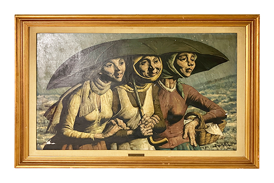 1 DIPINTO TECNICA MISTA SU TELA “DIA GUIS” FIRMATO JESUS VILLAR RAFFIGURANTE “TRE CONTADINE SOTTO UN OMBRELLO” CON CORNICE IN LEGNO DIM. 100x70 CM