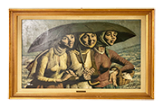 1 DIPINTO TECNICA MISTA SU TELA “DIA GUIS” FIRMATO JESUS VILLAR RAFFIGURANTE “TRE CONTADINE SOTTO UN OMBRELLO” CON CORNICE IN LEGNO DIM. 100x70 CM