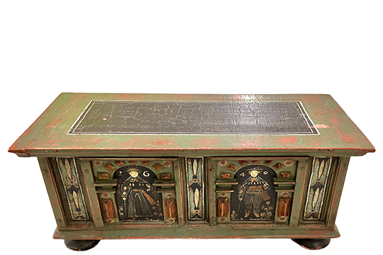 1 CASSAPANCA IN LEGNO, FINEMENTE DIPINTA E DECORATA DIM. 78x42x38 CM