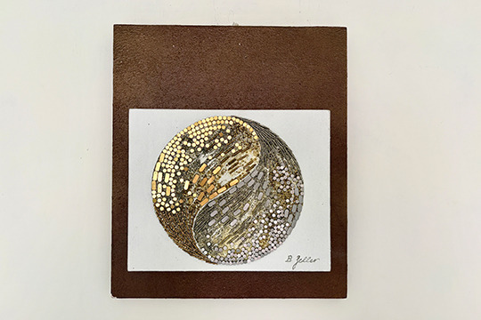 1 QUADRO ASTRATTO SU LEGNO REALIZZATO CON PARTI METALLICHE FIRMATO B. ZELLER DIM. 30x35 CM