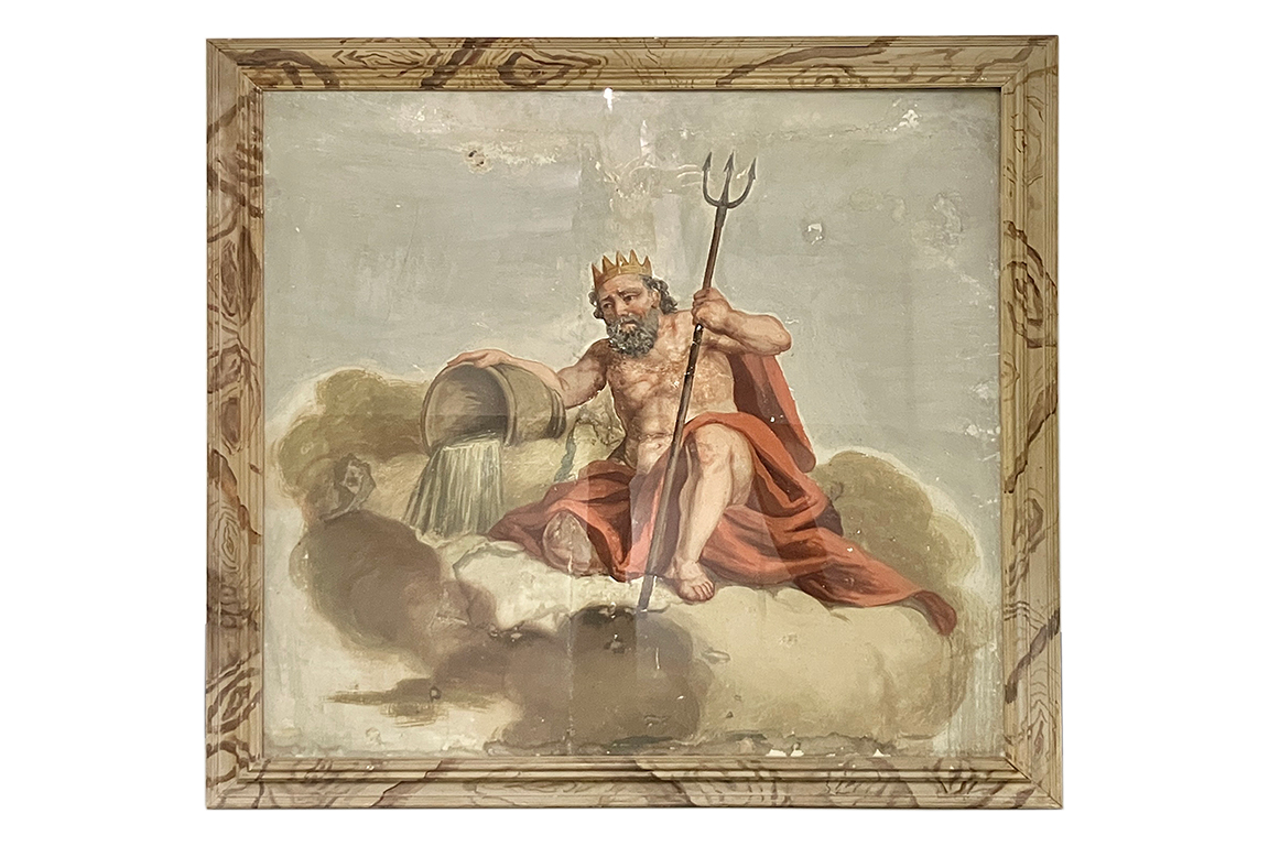 1 DIPINTO TECNICA MISTA SU TELA RAFFIGURANTE “NETTUNO” CON CORNICE IN LEGNO E VETRO DI PROTEZIONE, DIFETTI SULLA TELA, DIM. 100x100 CM