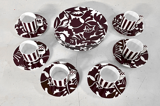 6 PIATTI DA DOLCE DIM. 20 CM E 6 TAZZE DA CAFFÈ CON PIATTINO REALIZZATI IN PORCELLANA RICHARD GINORI, MISSONI HOME “CLARET” COLORE MELANZANA