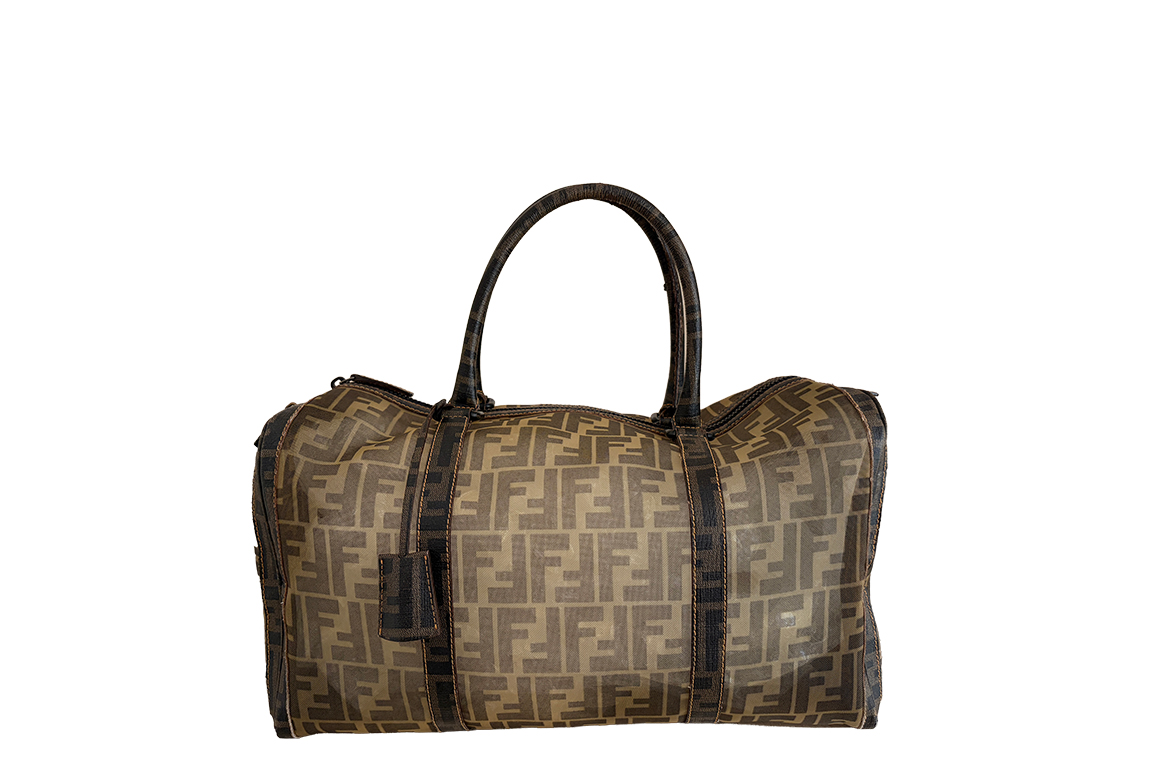 1 BORSA BAULETTO FENDI ZUCCA MESH BOSTON BAG TRASPARENTE E CANVAS, DOPPI MANICI, PORTABILITÀ A MANO, CHIUSURA A ZIP, CORREDATA DA CERTIFICATO ENTRUPY, PICCOLI SEGNI D'USURA DIM. 40x24x20 CM
