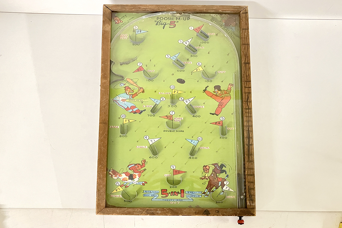 1 FLIPPER DA TAVOLO IN LEGNO E METALLO “POOSH-M-UP BIG 5 - 5 in 1 PUT-N-TAKE BASE-BALL PENNANTS BAGATELLE” DIM. 34x59x3 CM
