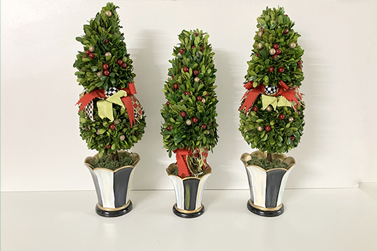 3 ALBERI DI BOSSO CON BACCHE E DECORAZIONI, FIRMATI MACKENZIE-CHILDS, VASI DECORO COURTLY CHECK DIM. 13x50 E 15x60 CM