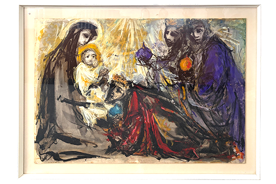 1 DIPINTO OLIO SU LEGNO RAFFIGURANTE “REDENTORE CON MARIA E RE MAGI” CON VETRO DI PROTEZIONE E CORNICE IN LEGNO BIANCO DIM. 99x69 CM