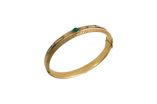 1 ANTICO BRACCIALE RIGIDO IN O.G. 18 KR. FINEMENTE LAVORATO CHE INCASTONA PIETRE SEMIPREZIOSE (ALCUNE MANCANTI) GR. TOT. 23,60
