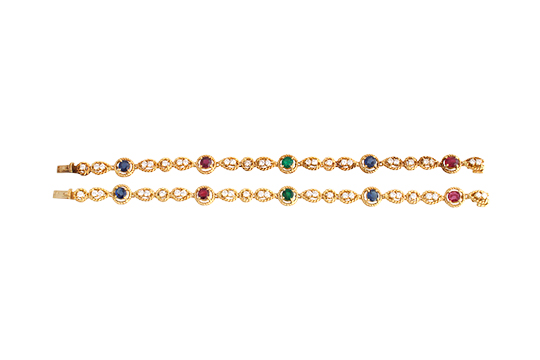 2 BRACCIALI IN O.G. 18 KR. CON BRILLANTI PER COMPL. KT. 2,00 C.a CLASSIFICABILI: PUREZZA VS1, COLORE G-J E PR. RUBINI, SMERALDI E ZAFFIRI GR. TOT. 36,10