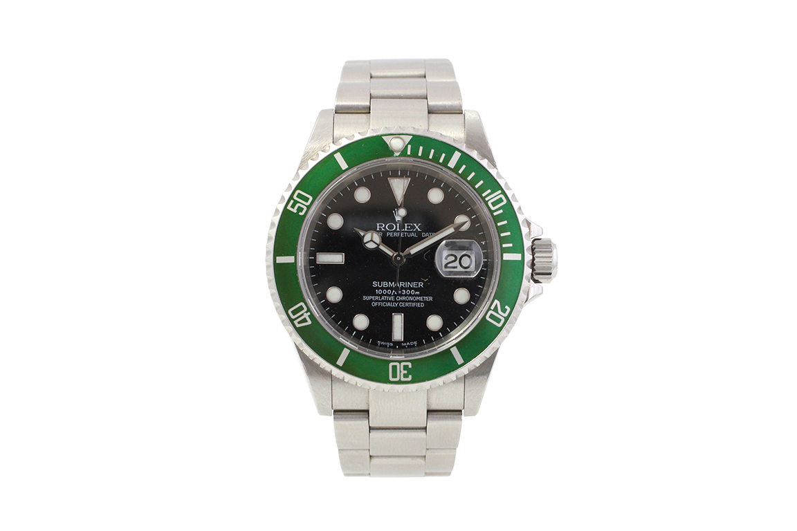 1 OROLOGIO ROLEX OYSTER PERPETUAL DATE SUBMARINER GHIERA VERDE “FAT FOUR”, REF. 16610 LV, SERIALE F793XXX CON CASSA E BRACCIALE IN ACCIAIO (FUNZIONANTE)