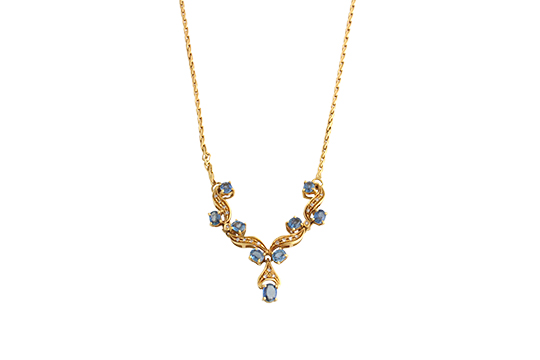 1 COLLIER IN O.G. 18 KR. CHE INCASTONA PR. ZAFFIRI E BRILLANTI TG. HUIT-HUIT PER COMPL. KT. 0,15 C.a GR. TOT. 15,50
