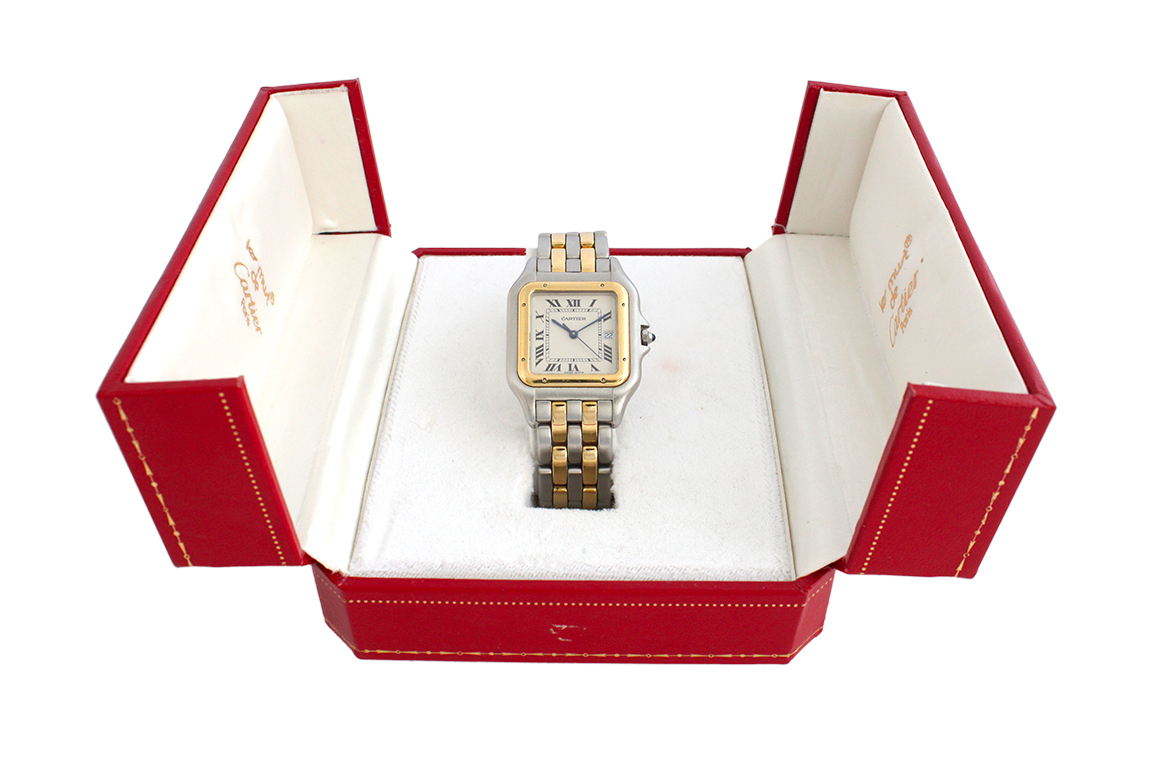 1 OROLOGIO CARTIER PANTHÈRE LADY QUARZO CON CASSA (29 MM) E BRACCIALE IN ACCIAIO-O.G. 18 KR. FORNITO DI SCATOLA ORIGINALE (FUNZIONANTE)