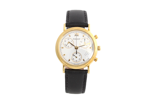 1 OROLOGIO TISSOT CHRONO QUARZO CON CASSA IN O.G. 18 KR. E CINTURINO IN PELLE (FUNZIONANTE MA DA REV.)