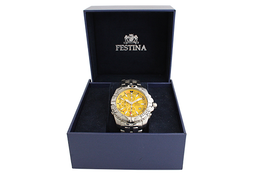 1 OROLOGIO FESTINA CHRONO ALARM MEN QUARZO CON CASSA E BRACCIALE IN ACCIAIO, FORNITO DI SCATOLA ORIGINALE (FUNZIONANTE)