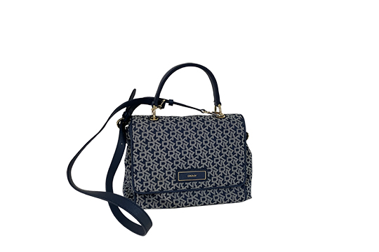 1 BORSA DKNY IN TESSUTO E SIMILPELLE, COLORE BLU, PORTABILITÀ A SPALLA E A MANO (TRACOLLA AMOVIBILE) DIM. 27x22x14 CM