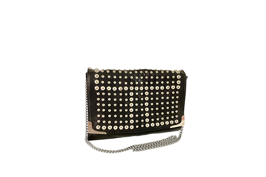 1 BORSA DUNLOP IN PELLE COLORE NERO CON TRACOLLA E APPLICAZIONI IN METALLO, PORTABILITÀ A SPALLA DIM. 35x23x8 CM