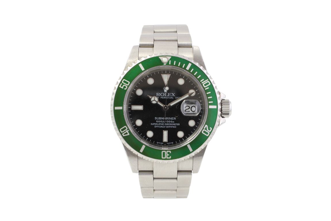 1 OROLOGIO ROLEX OYSTER PERPETUAL DATE SUBMARINER GHIERA VERDE “FAT FOUR”, REF. 16610 LV, SERIALE F793XXX CON CASSA E BRACCIALE IN ACCIAIO (FUNZIONANTE)