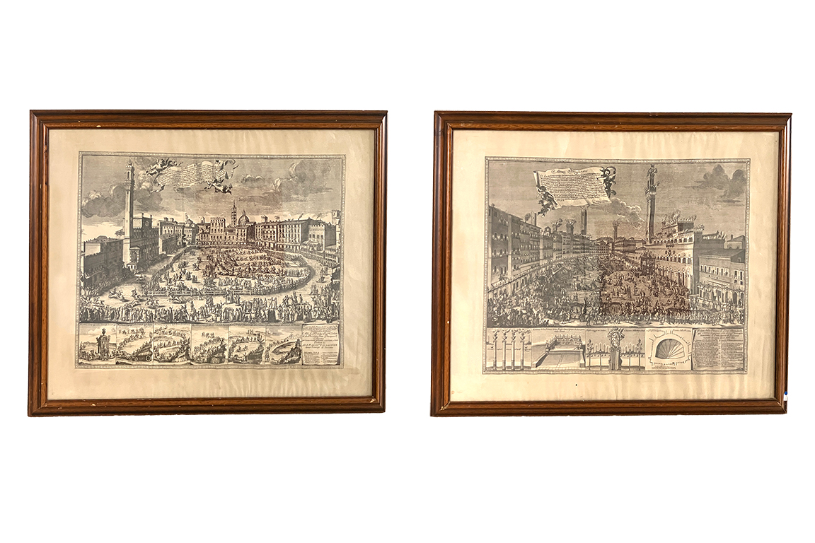 2 ANTICHE STAMPE RAFFIGURANTI “PIAZZA DEL CAMPO DI SIENA” CON CORNICE IN LEGNO E VETRO DI PROTEZIONE DIM. 87x68 CM