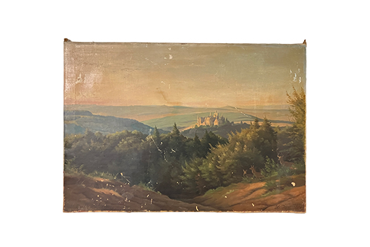 1 DIPINTO SU TELE, TECNICA MISTA, FIRMATO  RAFFIGURANTE “PAESAGGIO BOSCHIVO CON VEDUTA  DI UN CASTELLO” PICCOLI DIFETTI DIM. 67x46 CM