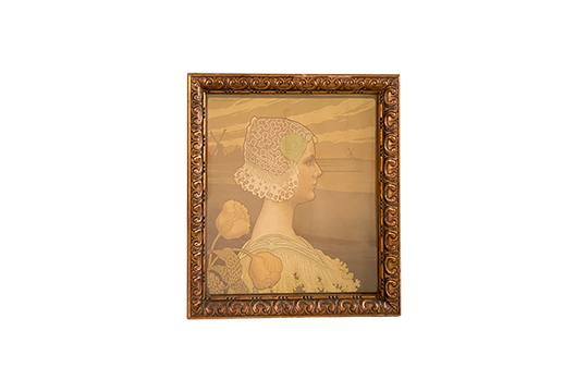1 STAMPA RAFFIGURANTE RITRATTO DELLA REGINA WILHELMINA, REALIZZATO DA PAUL BERTHON CON CORNICE IN LEGNO E VETRO DI PROTEZIONE DIM. 35x38 CM