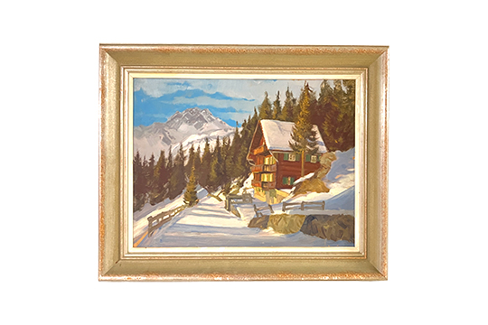 1 DIPINTO SU LEGNO, TECNICA MISTA, RAFFIGURANTE “CHALET INNEVATO” CON CORNICE IN LEGNO DIM. 52x40 CM